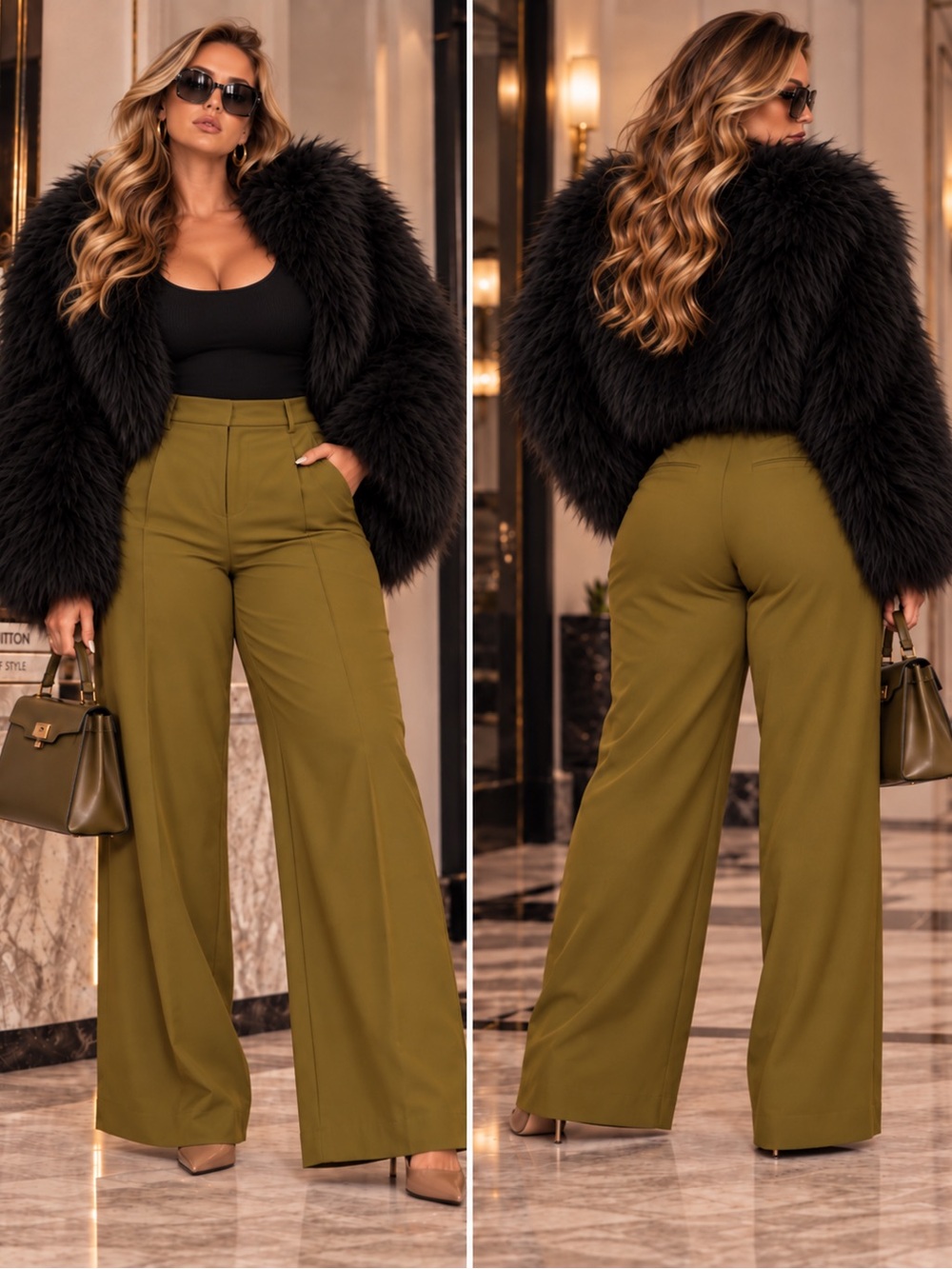 High-Waist Wide Leg Pants in Olive Green